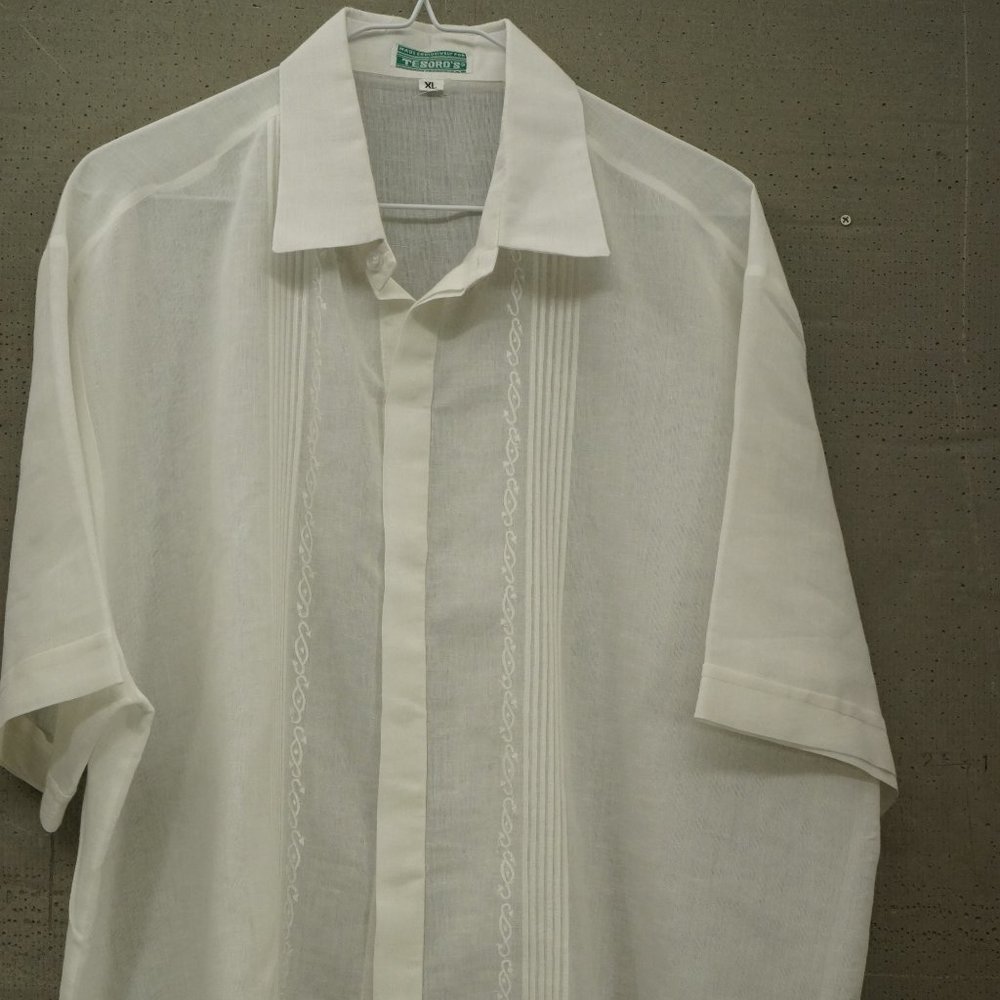 Tesoro's Mens White Linen Embroidered Short Sleeve Button Down Shirt XL